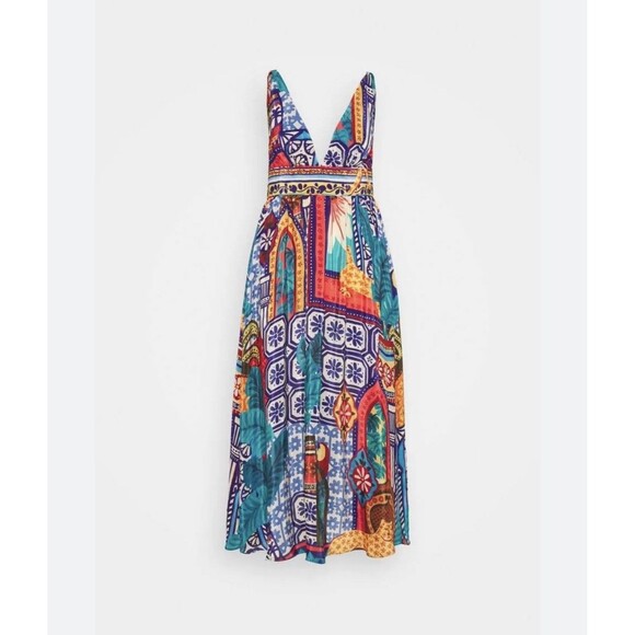 Farm Rio Dresses & Skirts - New Farm Rio Forest Tiles V-Neck Midi Dress Size XS Colorful Flowy Fit Flare NWT